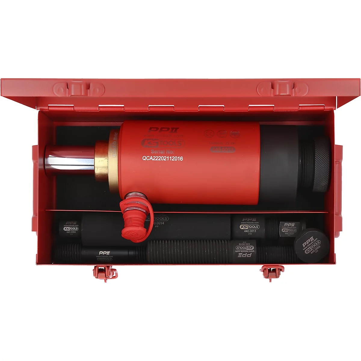 Roter Werkzeugkasten mit Hydraulikzylinder und Werkzeugen. Werkzeugkasten mit Zylinder und Werkzeugen.